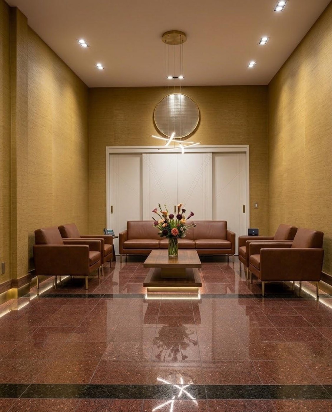 Sala con paredes revestidas en tono dorado y sillones de cuero
